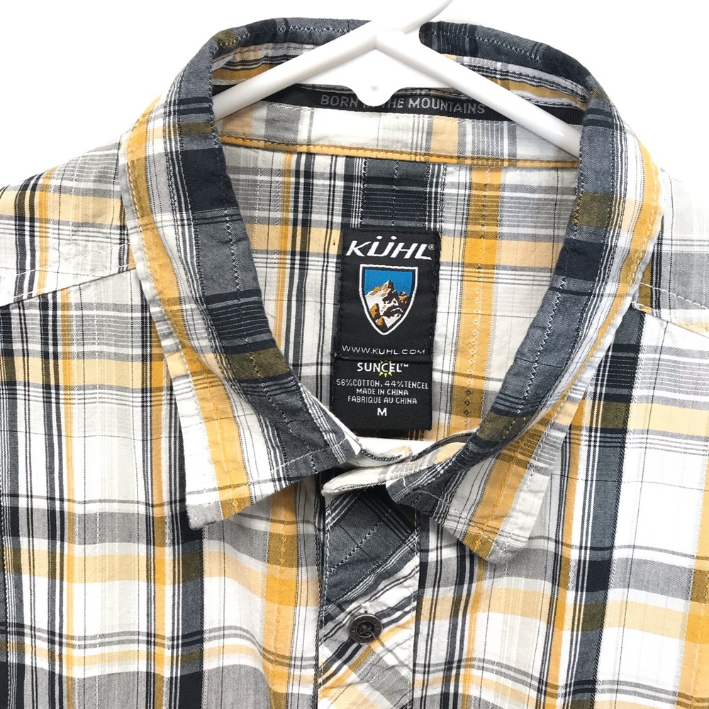 KUHL Shirt Mens Medium Black Yellow Plaid Button Up Short Sleeve Mountain Suncel - Picture 2 of 7